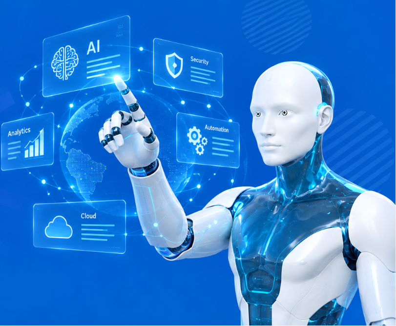 NeuralFaaruuq AI robot interacting with AI, security, automation, analytics, and cloud systems